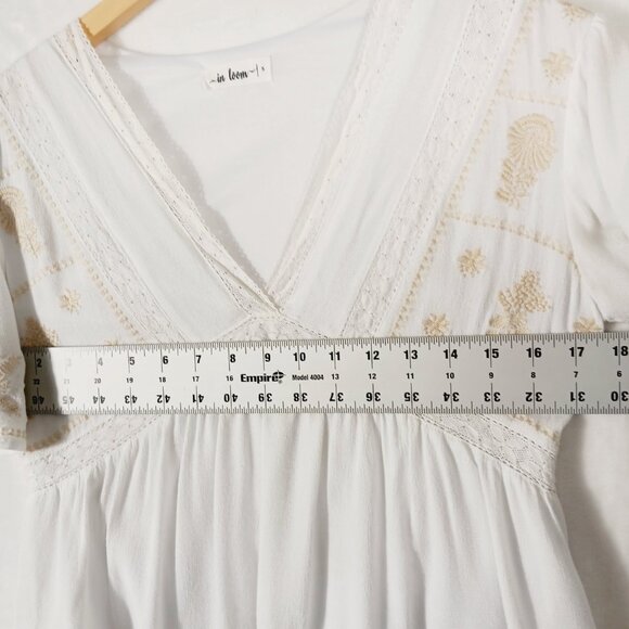 In Loom, Boho Top, Small, White with Tan Embroidery Detail and Lace Trim, Beachy - Picture 10 of 16